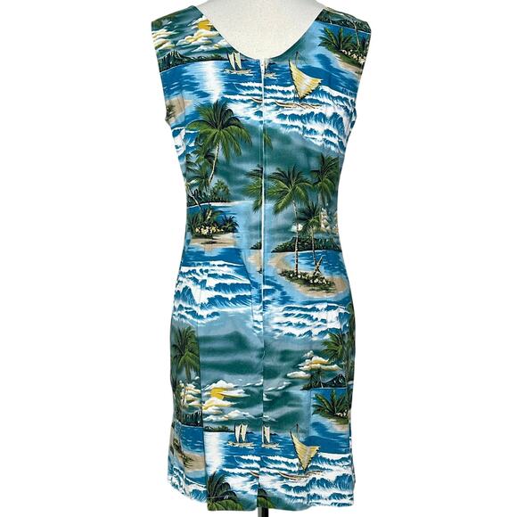 Vintage Hawaii Dress SZ L Blue Green Boat Palm Design - Picture 6 of 7